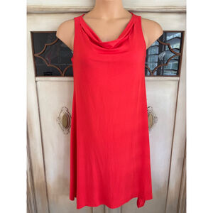 EUC EILEEN FISHER Firefly Orange Cowl Neck Asymmetric Jersey Stretch Dress Sz PS